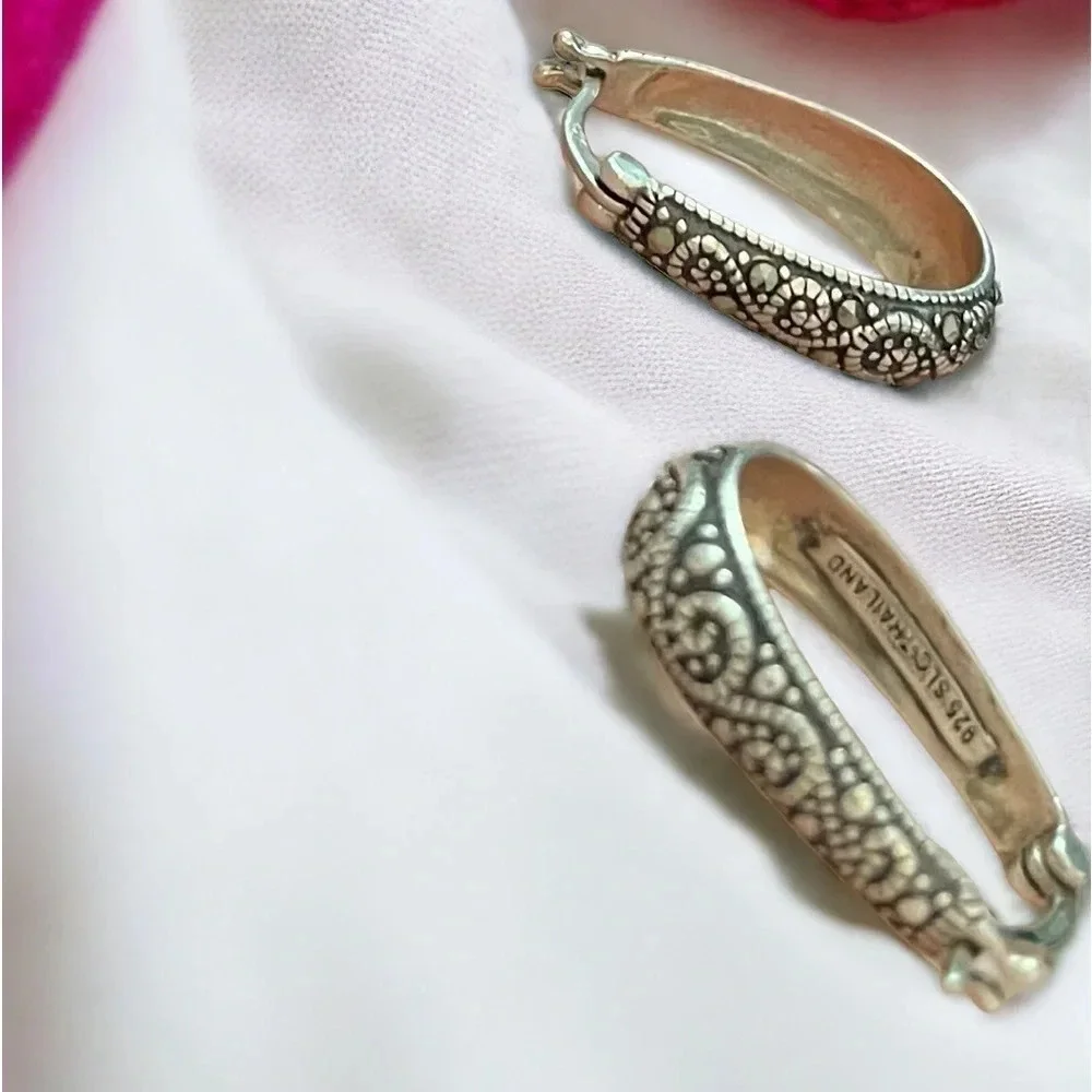 Designer Marcasite Sterling Silver Hoop Earrings